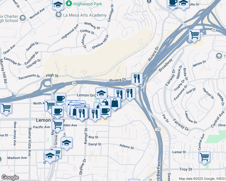 map of restaurants, bars, coffee shops, grocery stores, and more near 8123 Cascio Court in Lemon Grove