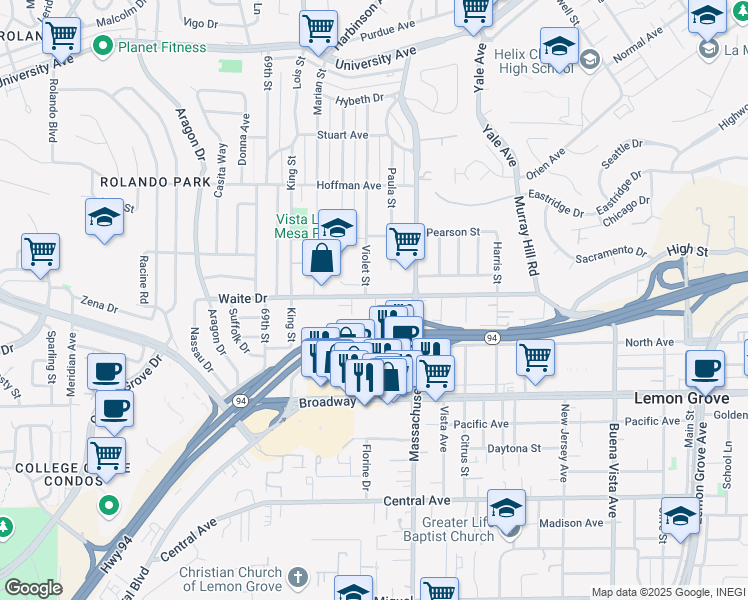 map of restaurants, bars, coffee shops, grocery stores, and more near 7064 Waite Drive in La Mesa