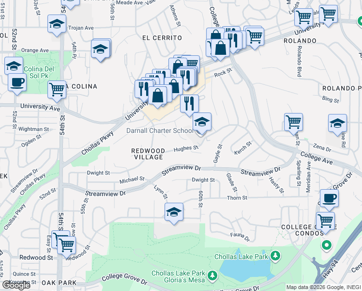 map of restaurants, bars, coffee shops, grocery stores, and more near 3920 Faircross Place in San Diego