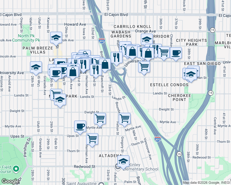 map of restaurants, bars, coffee shops, grocery stores, and more near 3752 Nile Street in San Diego