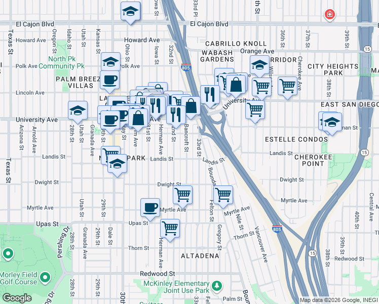 map of restaurants, bars, coffee shops, grocery stores, and more near 3752 33rd Street in San Diego