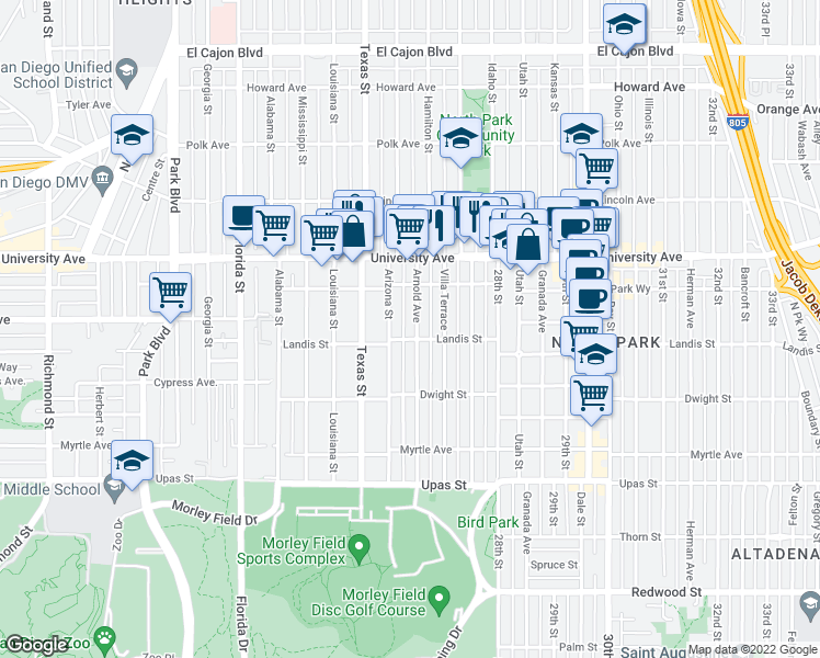 map of restaurants, bars, coffee shops, grocery stores, and more near 3739 Arnold Avenue in San Diego