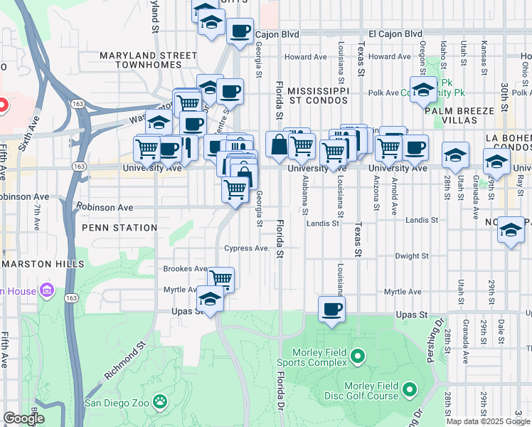 map of restaurants, bars, coffee shops, grocery stores, and more near 1996 Robinson Avenue in San Diego