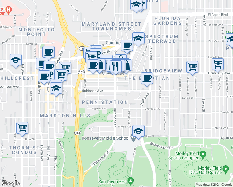 map of restaurants, bars, coffee shops, grocery stores, and more near 3750 Richmond Street in San Diego