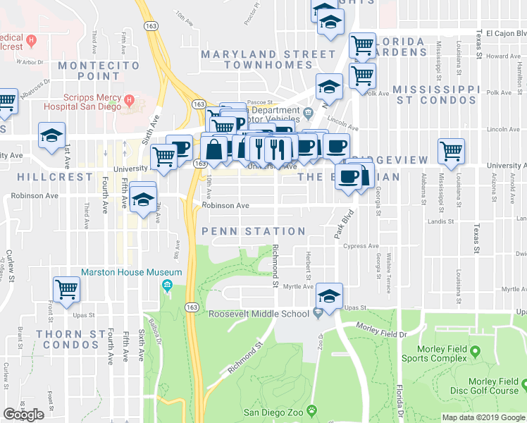 map of restaurants, bars, coffee shops, grocery stores, and more near 3750 Richmond Street in San Diego