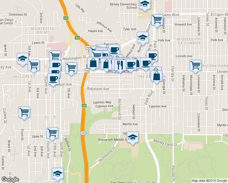 map of restaurants, bars, coffee shops, grocery stores, and more near 3750 Richmond Street in San Diego