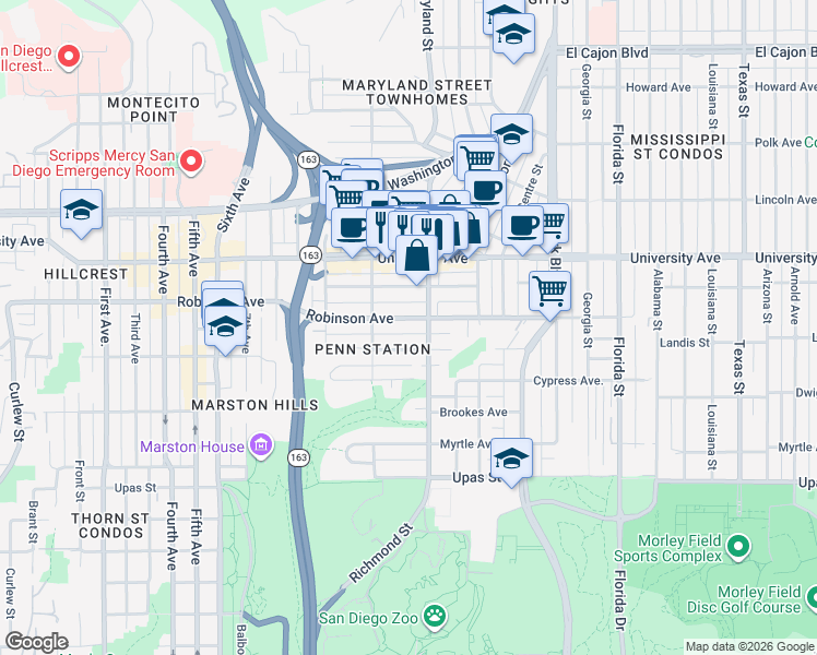 map of restaurants, bars, coffee shops, grocery stores, and more near 1263 Robinson Avenue in San Diego