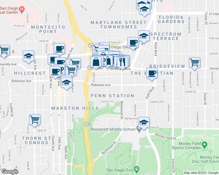 map of restaurants, bars, coffee shops, grocery stores, and more near 1214 Robinson Avenue in San Diego