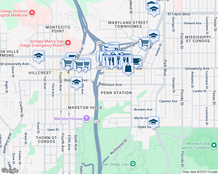 map of restaurants, bars, coffee shops, grocery stores, and more near 1030 Robinson Avenue in San Diego
