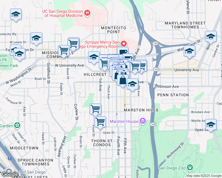 map of restaurants, bars, coffee shops, grocery stores, and more near 3750 Fourth Avenue in San Diego