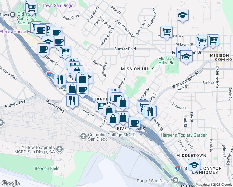 map of restaurants, bars, coffee shops, grocery stores, and more near 1977 Titus Street in San Diego