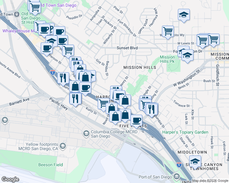 map of restaurants, bars, coffee shops, grocery stores, and more near 1977 Titus Street in San Diego