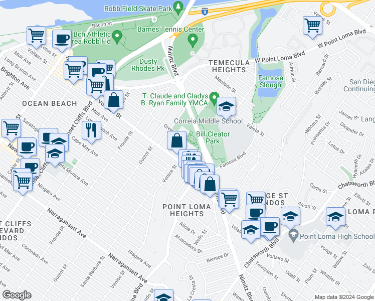 map of restaurants, bars, coffee shops, grocery stores, and more near 4358 Banning Street in San Diego