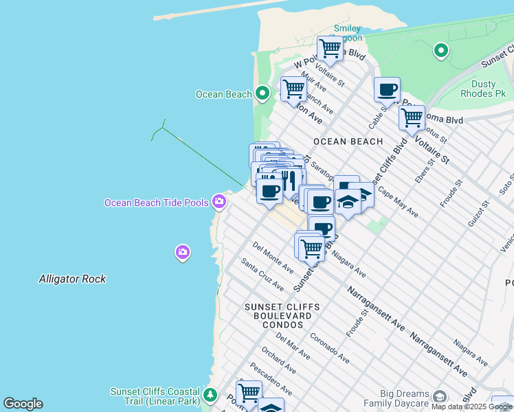 map of restaurants, bars, coffee shops, grocery stores, and more near 5022 Niagara Avenue in San Diego