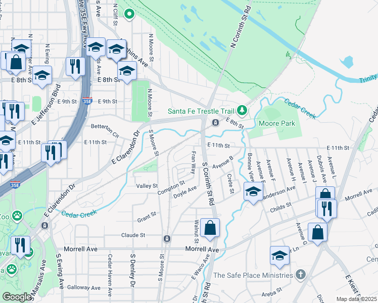 map of restaurants, bars, coffee shops, grocery stores, and more near 201 Fran Way in Dallas