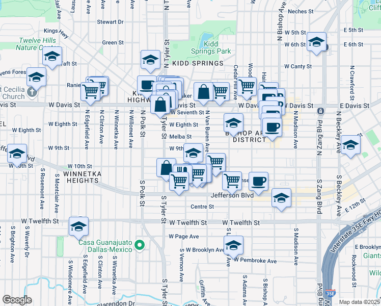 map of restaurants, bars, coffee shops, grocery stores, and more near 731 West 9th Street in Dallas