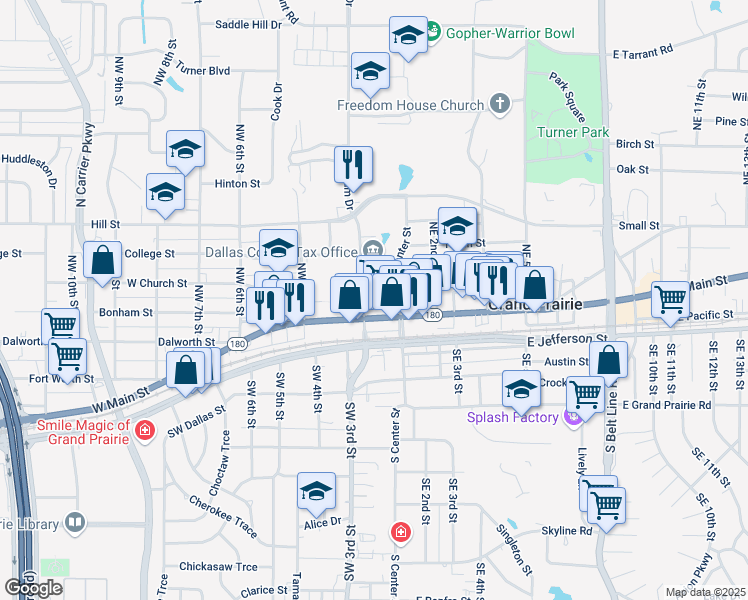 map of restaurants, bars, coffee shops, grocery stores, and more near 121 West Church Street in Grand Prairie