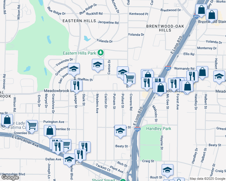 map of restaurants, bars, coffee shops, grocery stores, and more near 5959 Meadowbrook Drive in Fort Worth