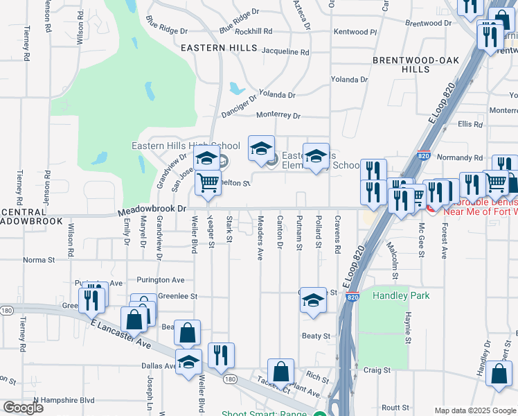 map of restaurants, bars, coffee shops, grocery stores, and more near 5801-5845 Meadowbrook Dr in Fort Worth