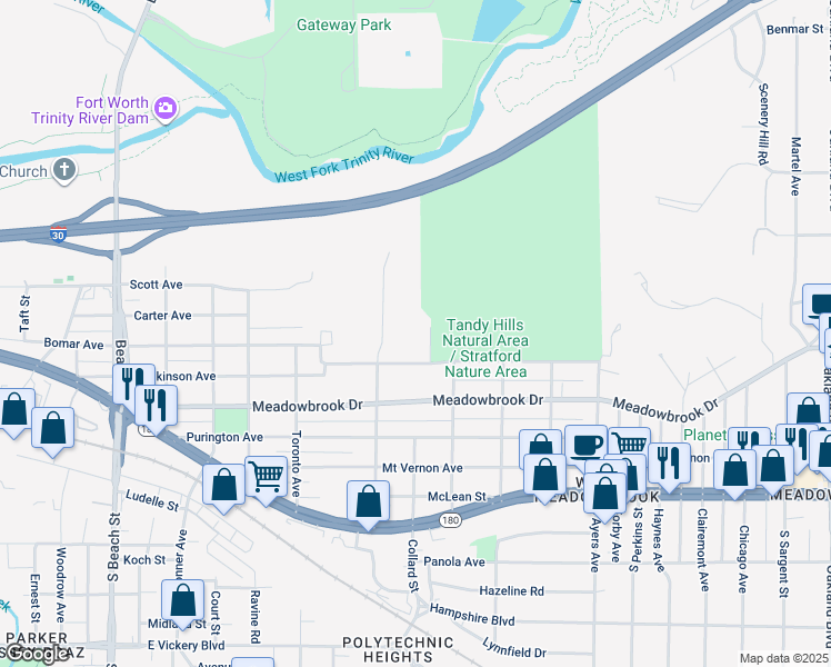 map of restaurants, bars, coffee shops, grocery stores, and more near 3301 View Street in Fort Worth