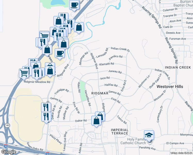 map of restaurants, bars, coffee shops, grocery stores, and more near 6409 Juneau Road in Fort Worth