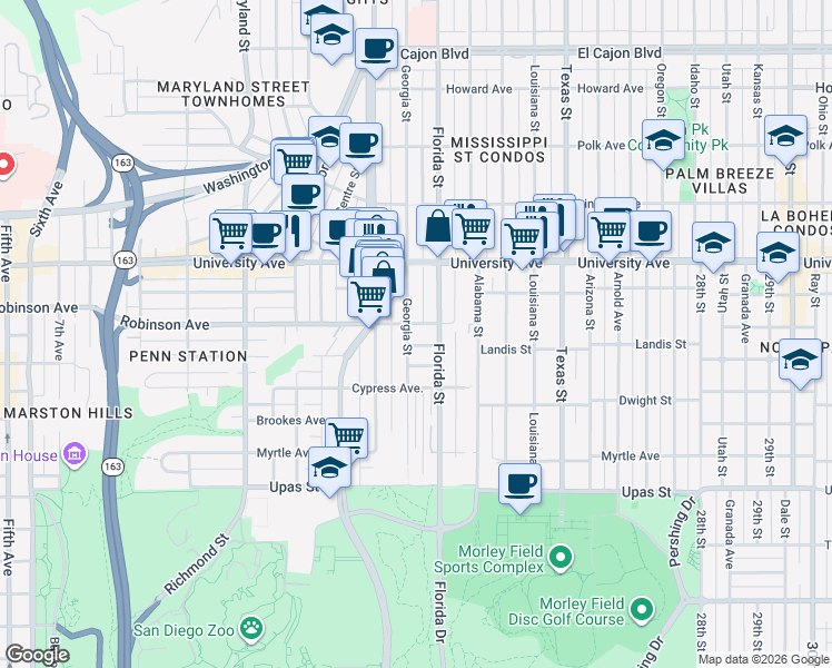 map of restaurants, bars, coffee shops, grocery stores, and more near 1996 Robinson Avenue in San Diego