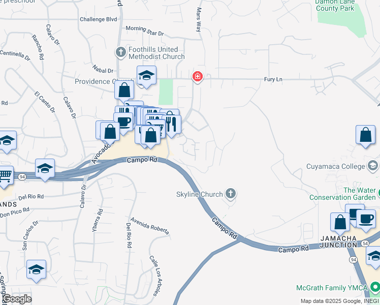 map of restaurants, bars, coffee shops, grocery stores, and more near 3674 Avocado Village Court in La Mesa