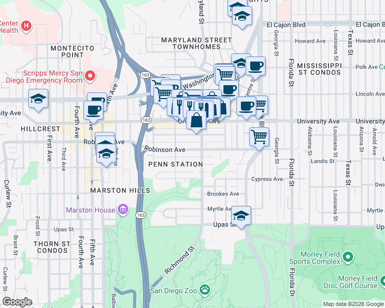 map of restaurants, bars, coffee shops, grocery stores, and more near 1263 Robinson Avenue in San Diego