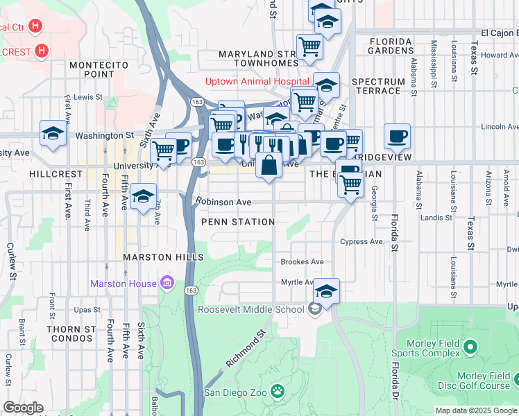 map of restaurants, bars, coffee shops, grocery stores, and more near 1263 Robinson Avenue in San Diego