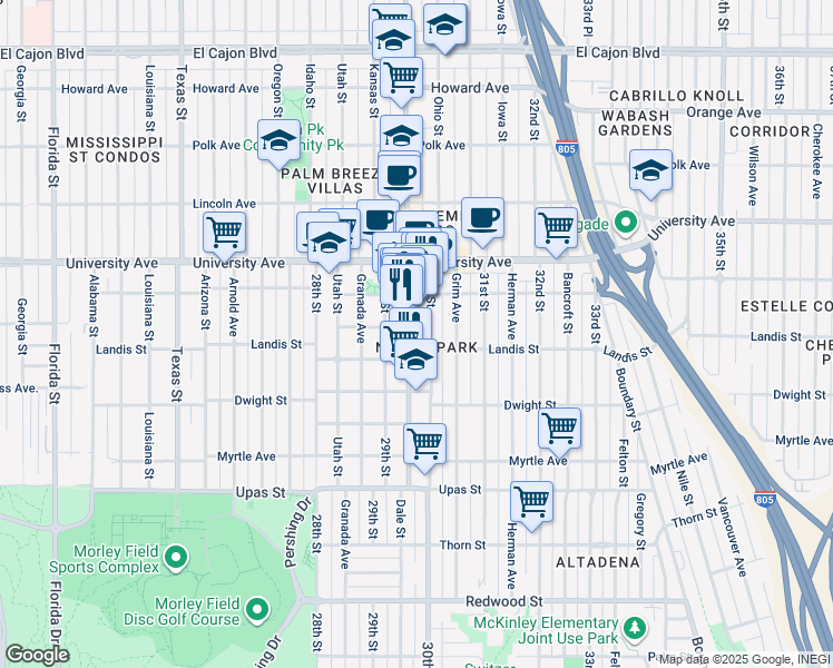 map of restaurants, bars, coffee shops, grocery stores, and more near in San Diego