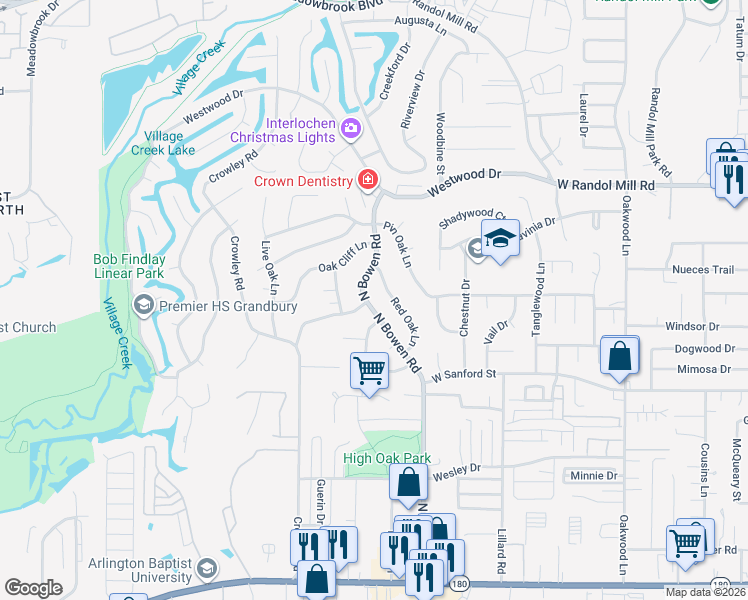 map of restaurants, bars, coffee shops, grocery stores, and more near 803 Red Oak Lane in Arlington