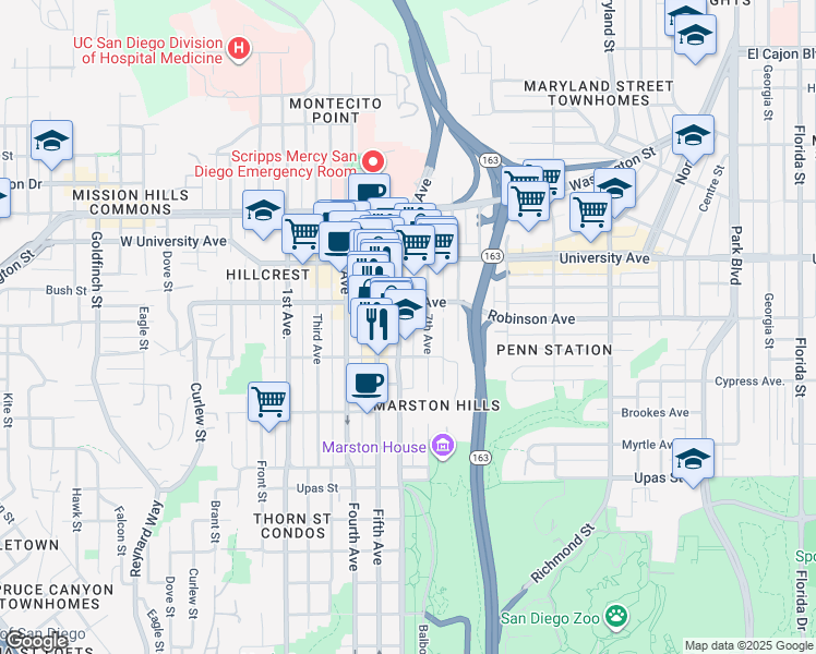 map of restaurants, bars, coffee shops, grocery stores, and more near in San Diego