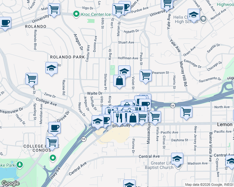 map of restaurants, bars, coffee shops, grocery stores, and more near 7022 Waite Drive in La Mesa