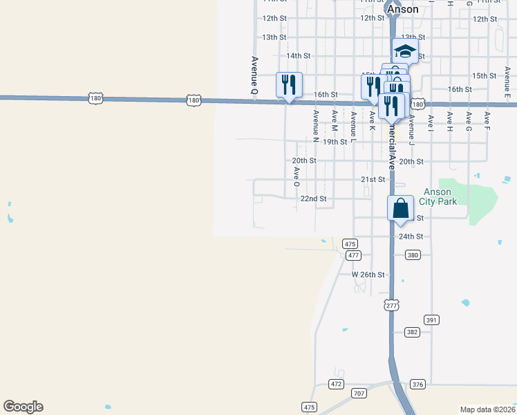map of restaurants, bars, coffee shops, grocery stores, and more near 2221 Avenue Q in Anson
