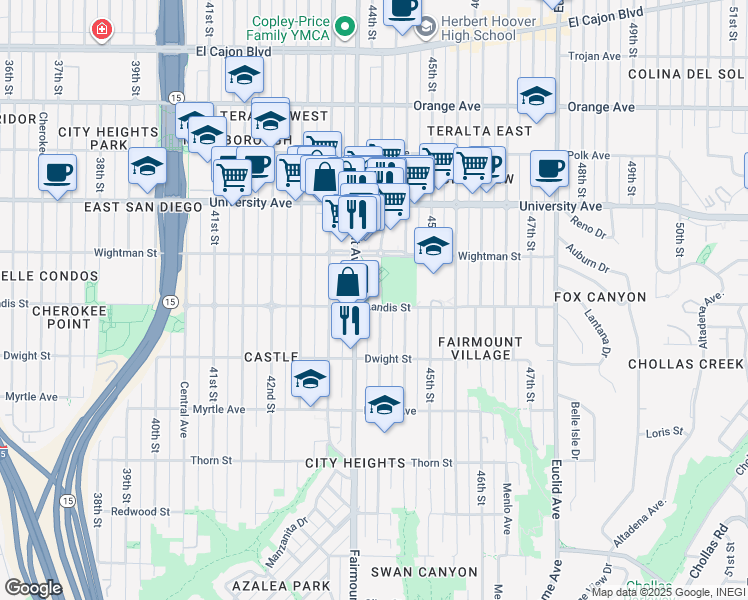 map of restaurants, bars, coffee shops, grocery stores, and more near 4380 Landis Street in San Diego
