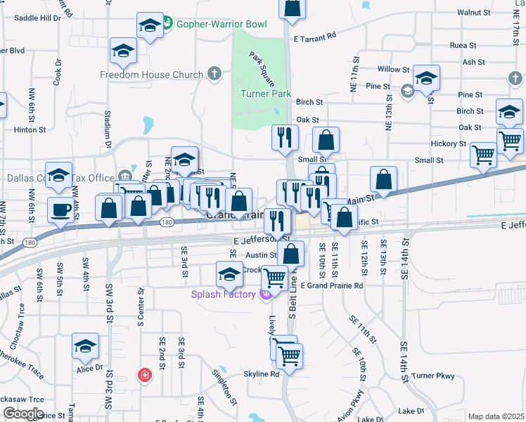 map of restaurants, bars, coffee shops, grocery stores, and more near 702 Northeast 7th Street in Grand Prairie