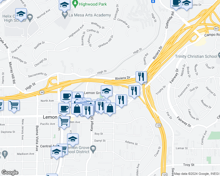 map of restaurants, bars, coffee shops, grocery stores, and more near 8166 Lemon Grove Way in Lemon Grove