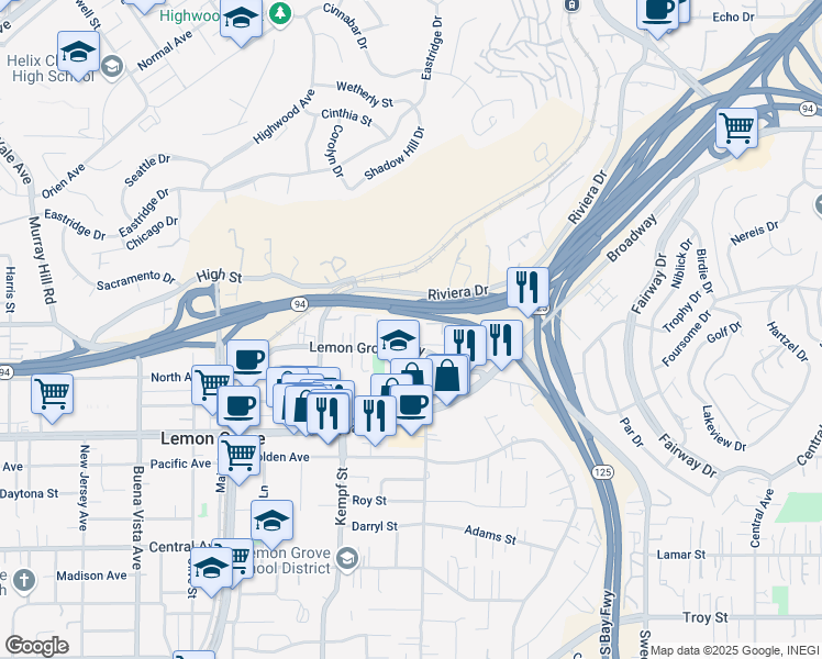 map of restaurants, bars, coffee shops, grocery stores, and more near 8148 Lemon Grove Way in Lemon Grove
