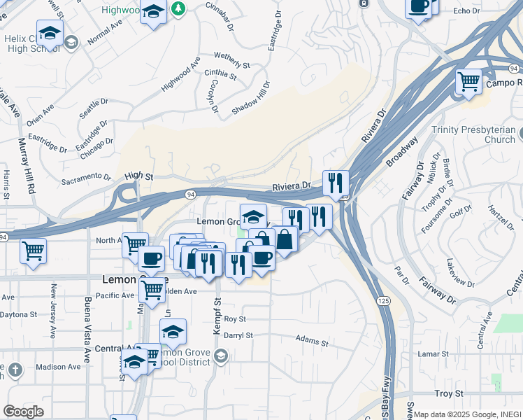 map of restaurants, bars, coffee shops, grocery stores, and more near 8182 Lemon Grove Way in Lemon Grove