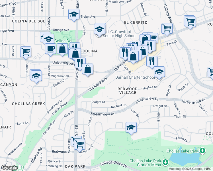 map of restaurants, bars, coffee shops, grocery stores, and more near 5700 Bates Street in San Diego