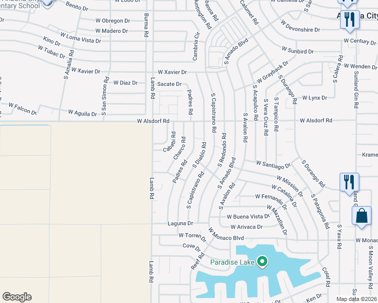 map of restaurants, bars, coffee shops, grocery stores, and more near 14675 Charco Road in Arizona City