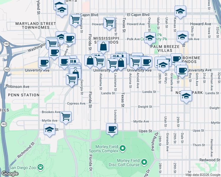 map of restaurants, bars, coffee shops, grocery stores, and more near 3749 Mississippi Street in San Diego