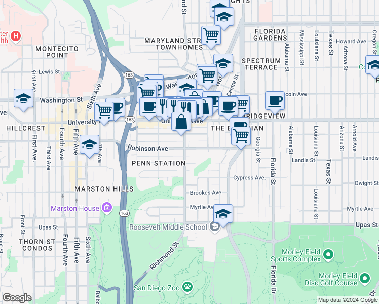 map of restaurants, bars, coffee shops, grocery stores, and more near 3750 Richmond Street in San Diego
