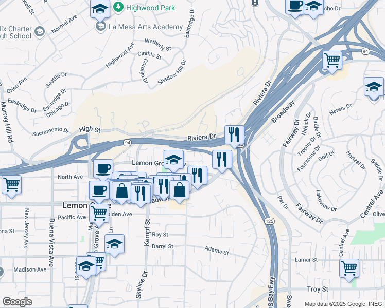 map of restaurants, bars, coffee shops, grocery stores, and more near 8127 Cascio Court in Lemon Grove