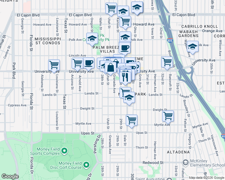 map of restaurants, bars, coffee shops, grocery stores, and more near 3744 Granada Avenue in San Diego