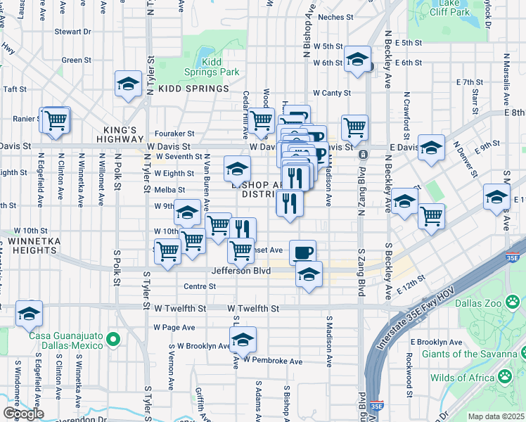 map of restaurants, bars, coffee shops, grocery stores, and more near 201 North Adams Avenue in Dallas