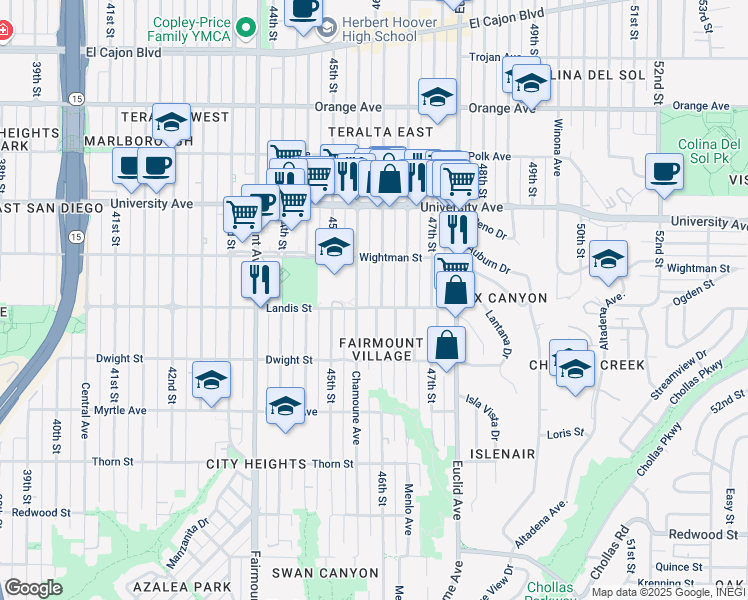 map of restaurants, bars, coffee shops, grocery stores, and more near 3712-14 46th Street in San Diego