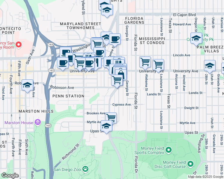 map of restaurants, bars, coffee shops, grocery stores, and more near 3740 Park Boulevard in San Diego