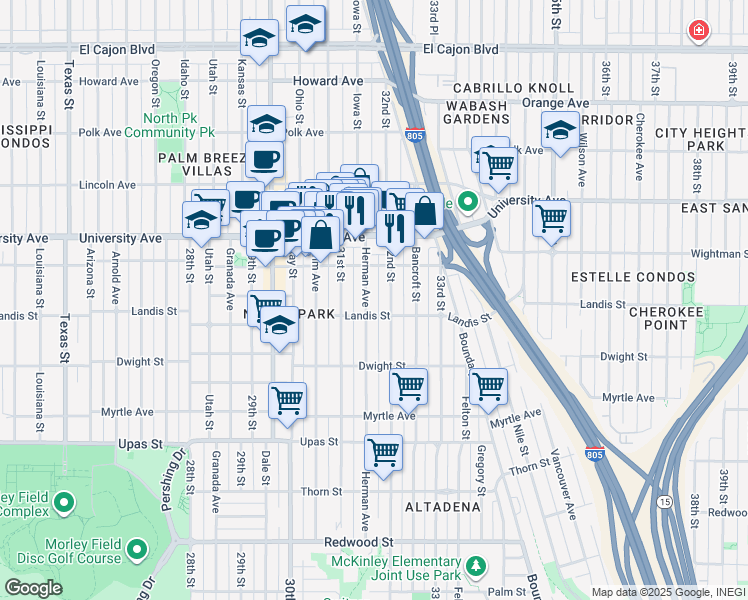 map of restaurants, bars, coffee shops, grocery stores, and more near 3727 Herman Avenue in San Diego