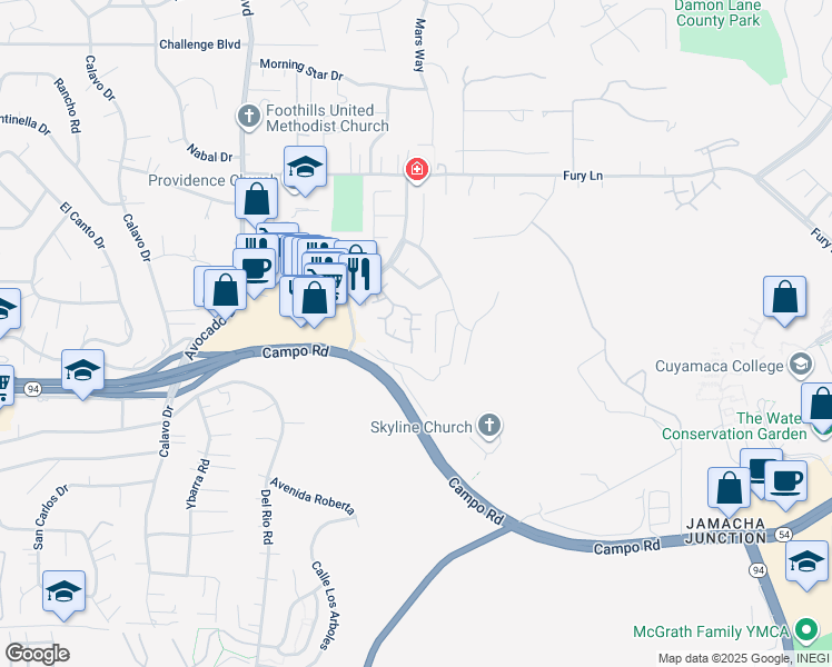 map of restaurants, bars, coffee shops, grocery stores, and more near 3673 Avocado Village Court in La Mesa